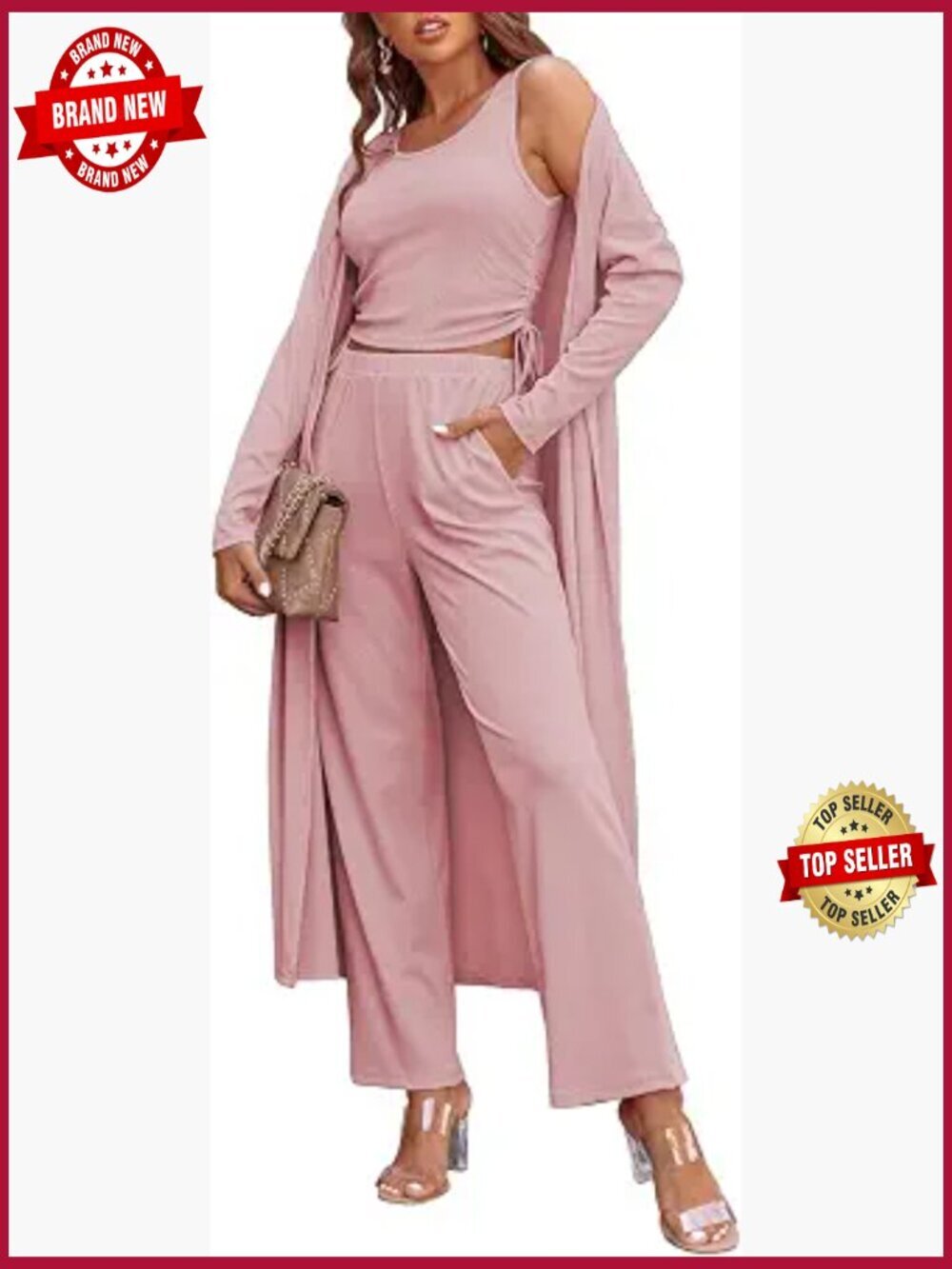3 Piece Long Sleeve Soft Loungewear Set Cardigan Pants Top Casual